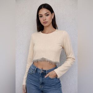 ZARA | Soft Ecru Jewel Cropped Sweater, size L